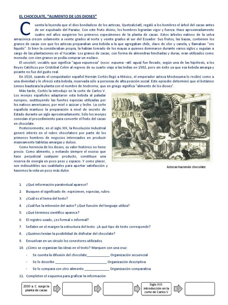 el chocolate alimento de los dioses leyenda - Cuál es el tema del texto El chocolate alimento de los dioses