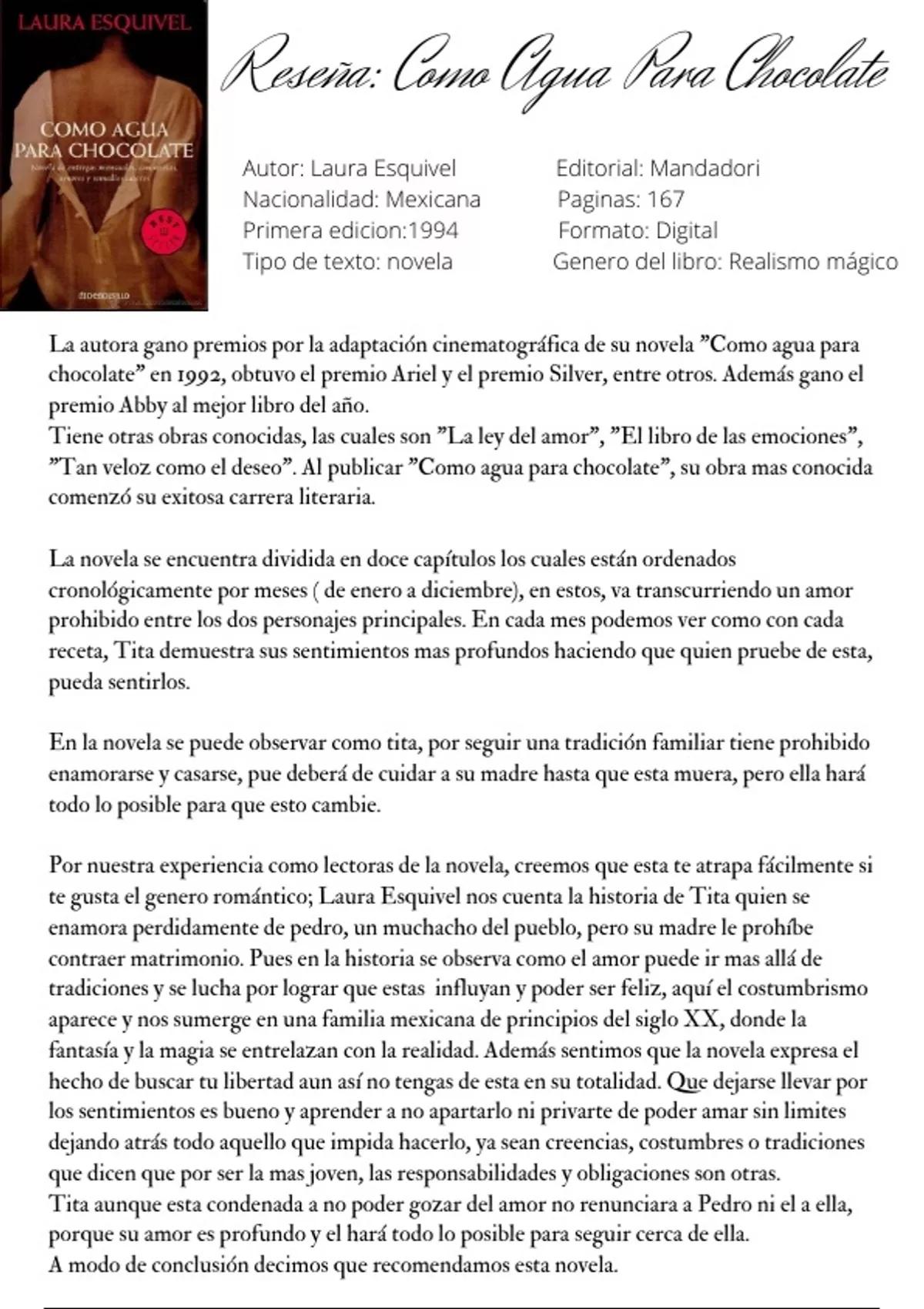 reseña del libro como agua para chocolate - Qué tipo de reseña es como agua para chocolate